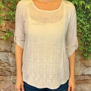 LUCKY BRAND Semi-Sheer Chiffon and Knit Top, S